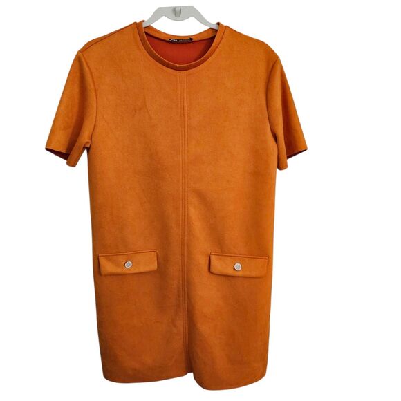 Zara Dress Medium Orange Faux Suede Mini Shift Bloggers Favorite Stretch - Picture 1 of 8